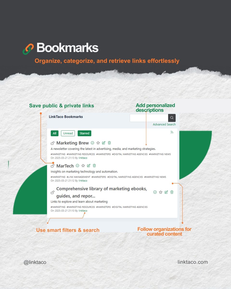 Drowning in bookmarks? We’ve got you covered! 📌With LinkTaco, you can organize, categorize, and retrieve links effortlessly:
✅ Save public &amp; private links
✅ Keep track of important notes

Try LinkTaco for FREE today 🚀🌮 linkta.co/lt-features