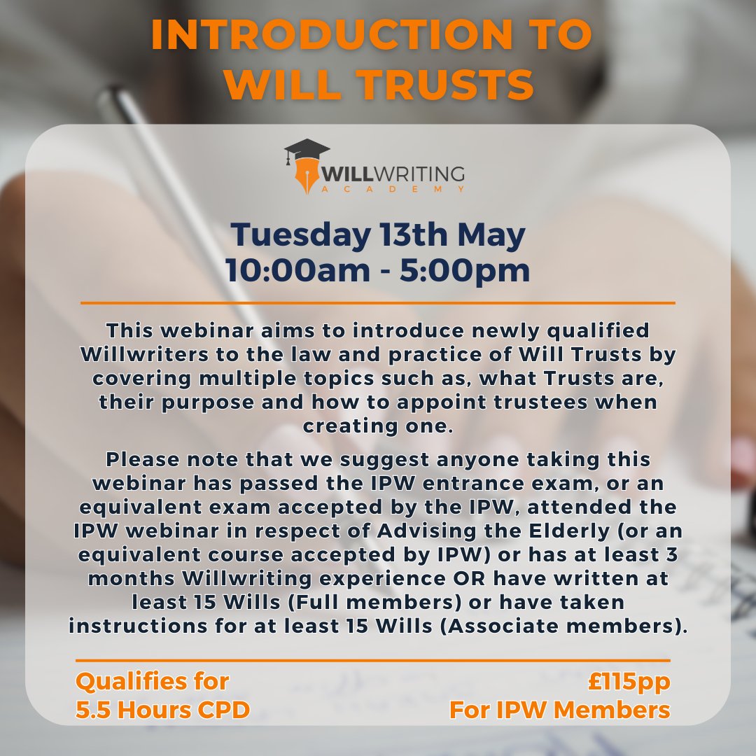 🚨Still Chance To Book!🚨

This webinar can help you build a great foundation of knowledge on will trusts to make sure you can provide the best service possible to your clients.

Book your place here: 
ipw.org.uk/events/introdu…