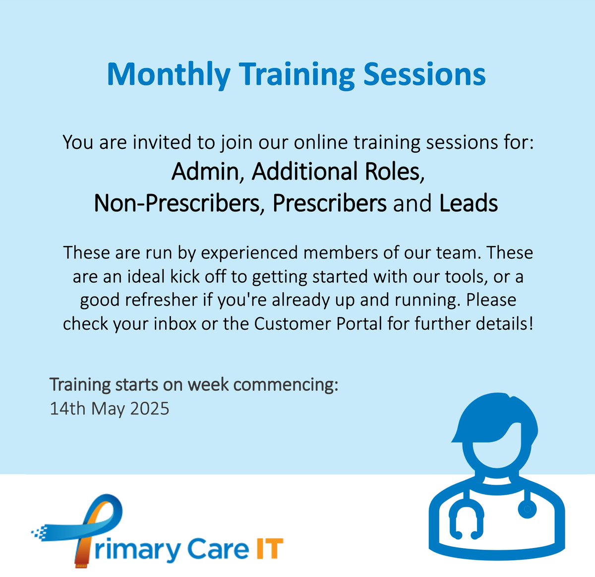 👩‍🏫 Join us for our May training sessions!

Check your inbox or head to our website to find further details on dates, times and links to join. 
primarycareit.co.uk/webinar-and-tr…

We look forward to seeing you there!