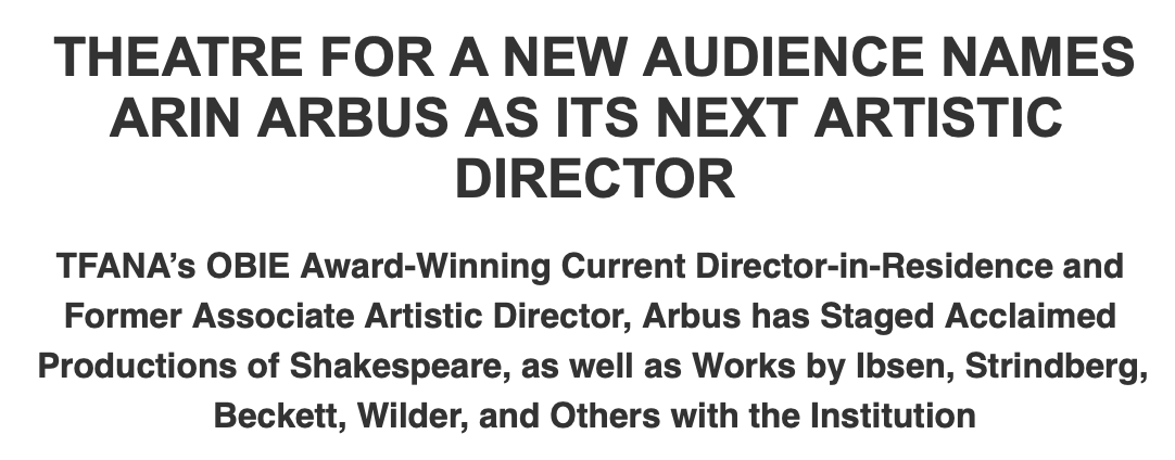 HESherman's tweet photo. New artistic director news from @TheatreforaNewA: Arin Arbus. https://t.co/ek7lAmedo1