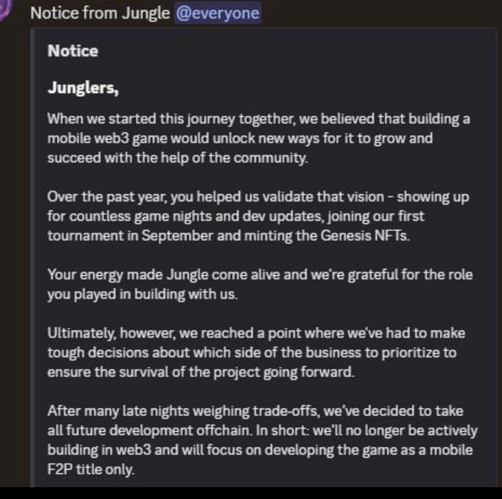 Anotha one (like I said)

<a href="/jungle_xyz/">Jungle</a> hasn't tweeted for 2.5 months, just announced they are moving out of web3. 

Hope they have a plan to buy back NFTs at least. 

We will continue to see more teams pivoting.