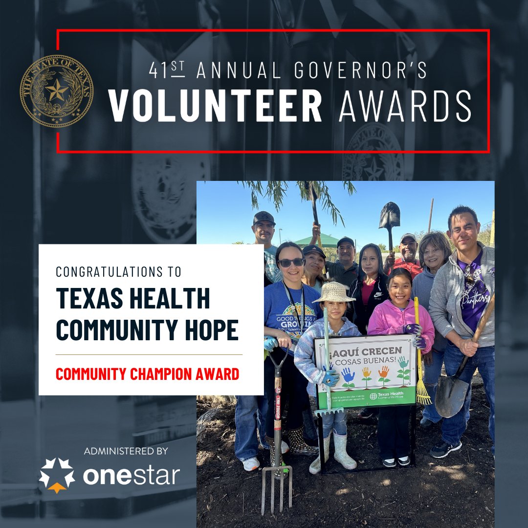 texashealth's tweet photo. Way to go! Texas Health Community Hope was named a Community Champion by the Governor’s Volunteer Awards program. #ServiceInTexas #VolunteerTexas #VolunteerImpact
Follow this link to find this year's awardees: https://t.co/5B3mmCOXYP https://t.co/KKVSii1Lxj