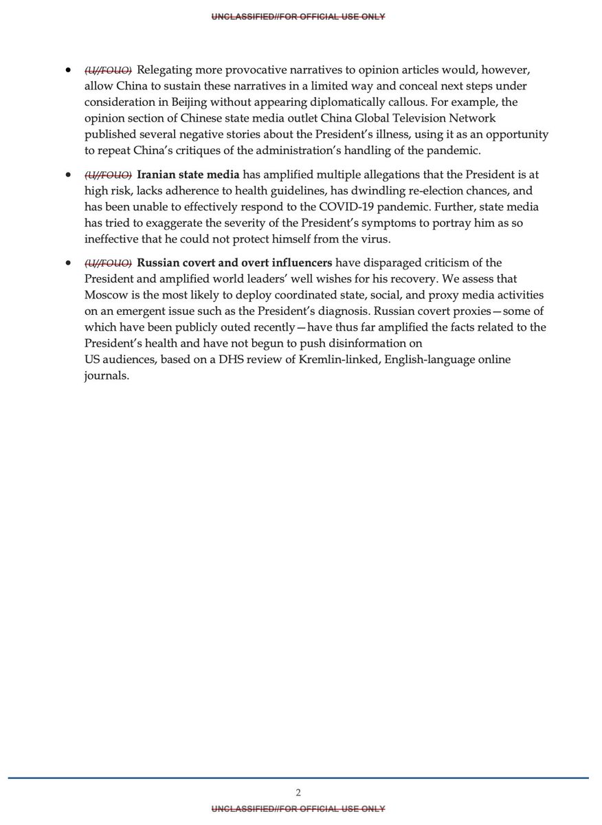 When Trump contracted COVID, U.S. intelligence monitored foreign governments for mean comments, per document I obtained under FOIA.

Department of Homeland Security conducted a "review of Kremlin-linked, English-language online journals" for references to Trump's illness: