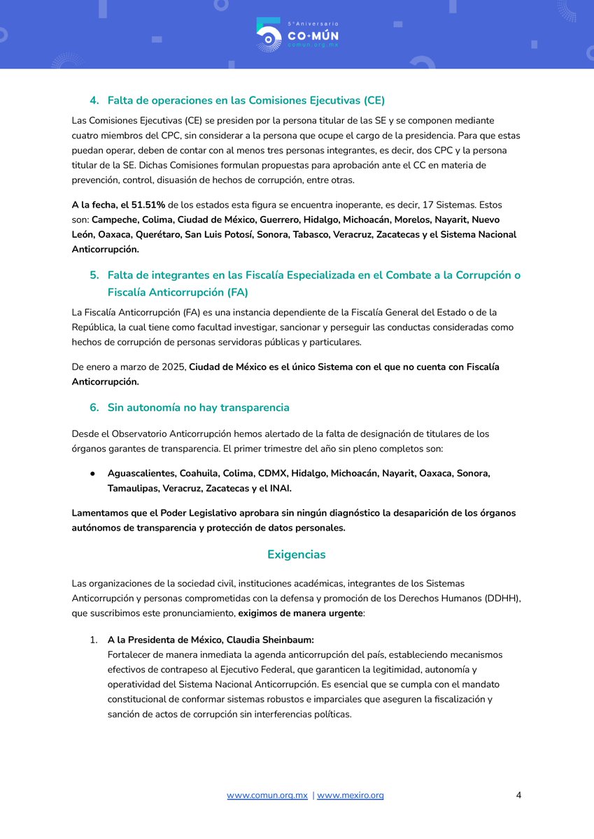 Mexiro A.C. (@yomexiro) on Twitter photo 🚨 A 6 meses del gobierno de <a href="/Claudiashein/">Claudia Sheinbaum Pardo</a>, +75% de los Sistemas Anticorrupción siguen incompletos. El <a href="/senadomexicano/">Senado de México</a> y Congresos estatales no han realizado las designaciones por omisión.
OSC, Sistemas Anticorrupción y personas defensoras exigimos su cumplimiento. 🚨 A 6 meses del gobierno de <a href="/Claudiashein/">Claudia Sheinbaum Pardo</a>, +75% de los Sistemas Anticorrupción siguen incompletos. El <a href="/senadomexicano/">Senado de México</a> y Congresos estatales no han realizado las designaciones por omisión.
OSC, Sistemas Anticorrupción y personas defensoras exigimos su cumplimiento.