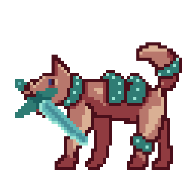 TravelOfTwink's tweet photo. A wolf with a sword in its mouth. At least that's what it's supposed to be. I need Top Dawn, but I can't find any references. Yes, I know it looks like a puppy.

#pixelart #IndieGameDev https://t.co/7VN3kBqUdj