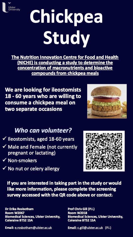 NICHE (@niche_ulster) on Twitter photo Help with research and receive £150.
Researchers at NICHE, Ulster University, Coleraine are recruiting volunteers for an intervention study using chickpea meals.
Scan the poster QR code for more info or contact Erika.
e.rosbotham@ulster.ac.uk Help with research and receive £150.
Researchers at NICHE, Ulster University, Coleraine are recruiting volunteers for an intervention study using chickpea meals.
Scan the poster QR code for more info or contact Erika.
e.rosbotham@ulster.ac.uk