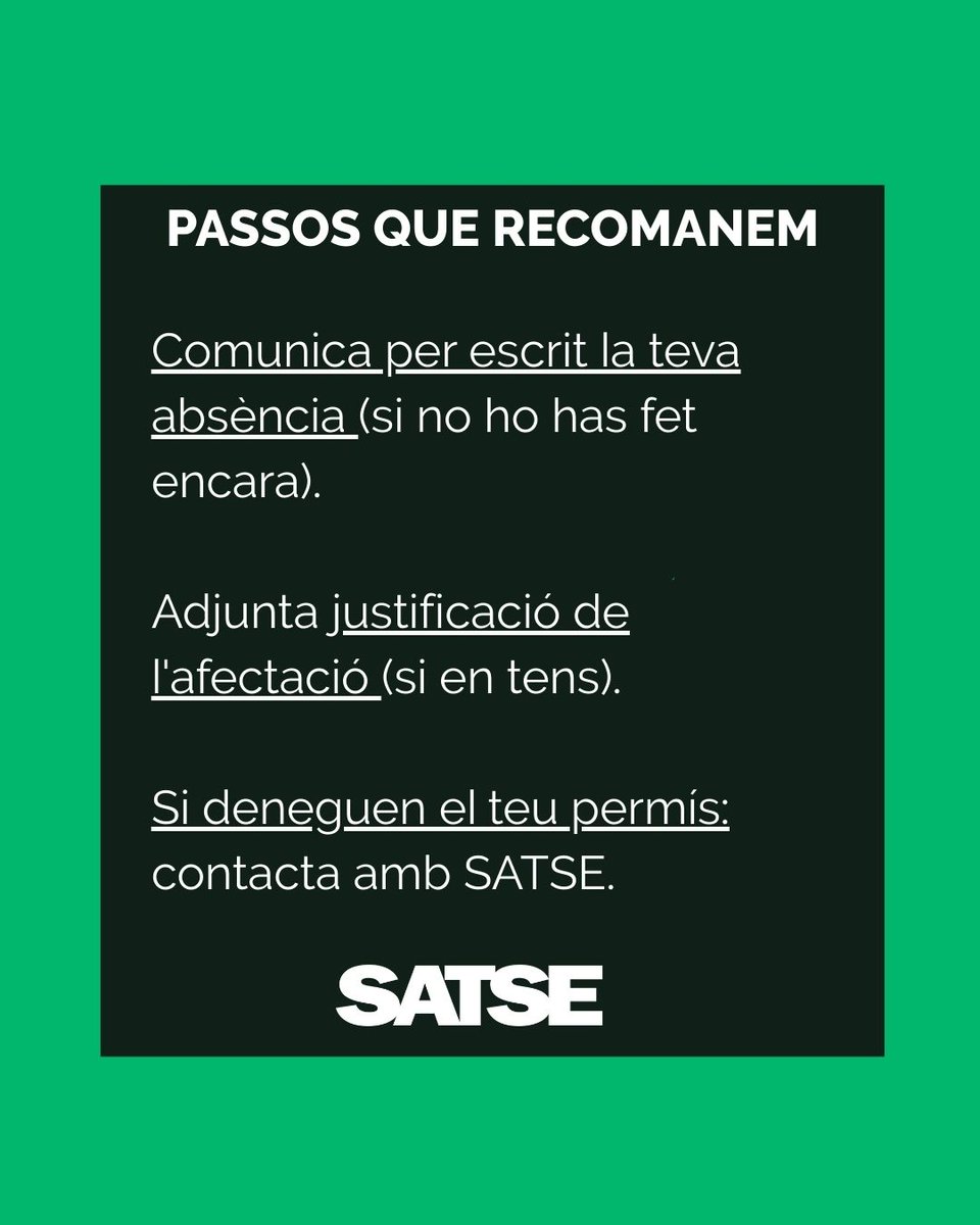 SATSECatalunya's tweet photo. 📢Treballes a un centre del conveni SISCAT, Conveni propi o privat?

⏹️ Recorda que l'Estatut dels treballadors estableix un permís retribuït si no pots anar a la feina en casos com l'apagada massiva del 28 d'Abril

Més informació a la nostra web: https://t.co/na1dwK2FGf https://t.co/YOKu6CzxBU