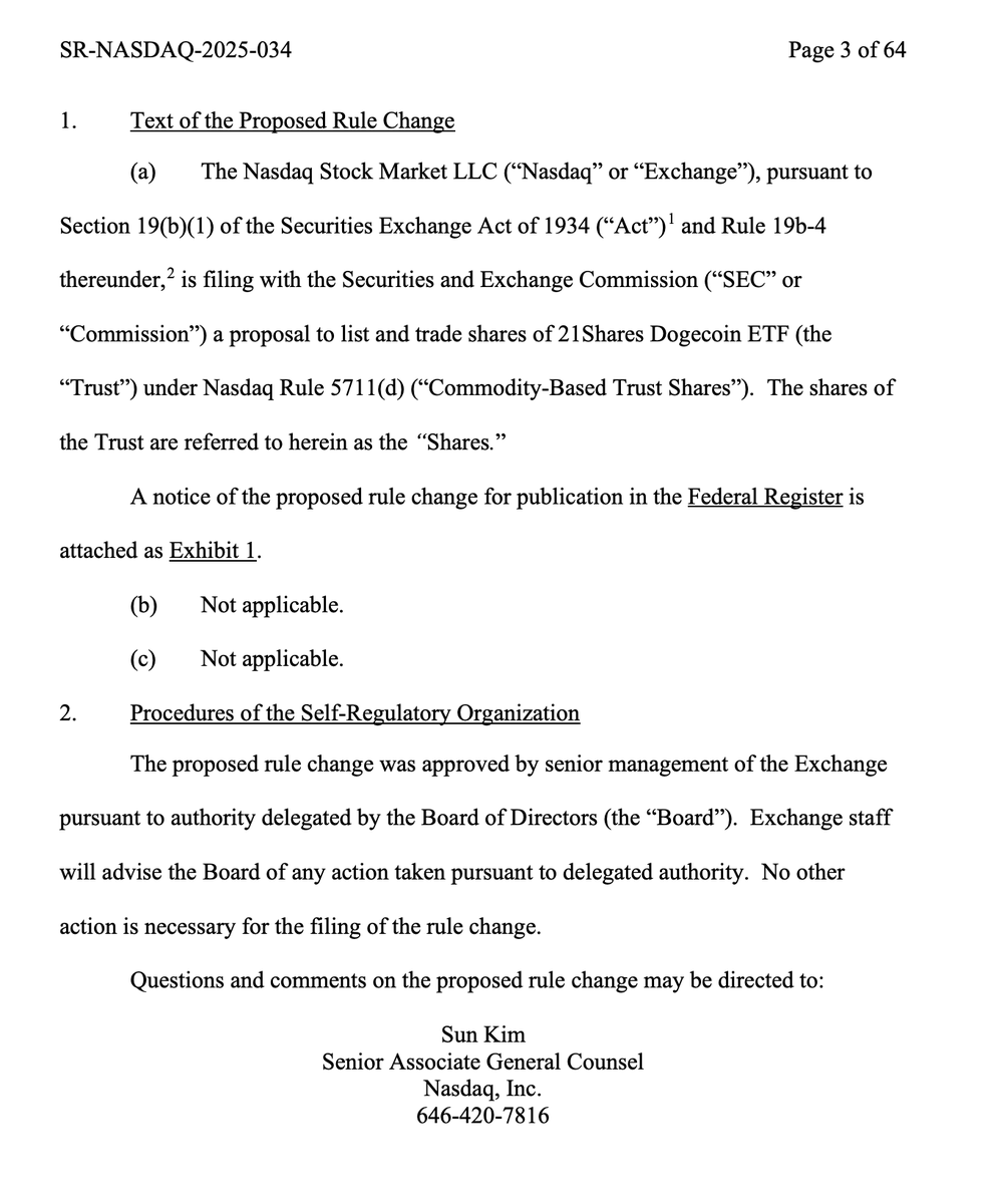 ETF News: @21Shares files to list their $DOGE ETF on the #NASDAQ. Joins the  queue of 73 crypto ETFs now waiting for approval. https://t.co/UtoasmhId4