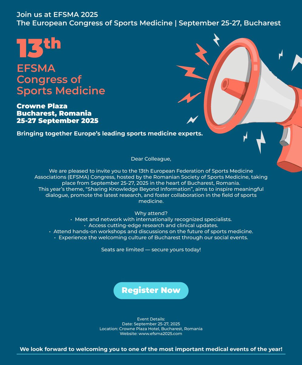 EFSMA Congress of Sports Medicine ⬇️ 
 
"Sharing Knowledge Beyond Information"
 
 🗓️ 25-27 September 2025

📍 Crowne Plaza, Bucharest, 🇷🇴 
 
🔗 efsma2025.com/en/register-now
 
  #SpreadTheWord 
  #EFSMA25