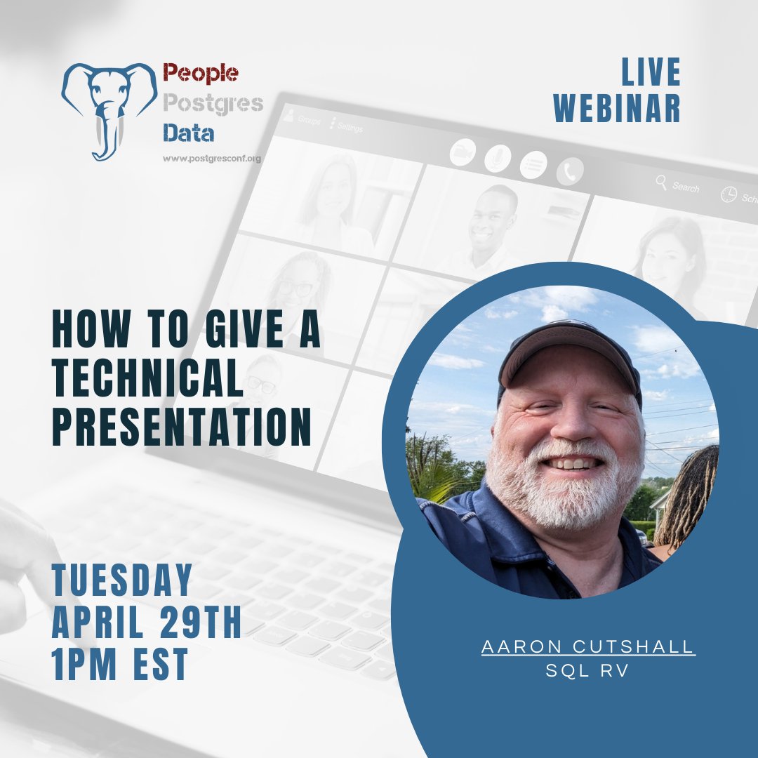 Want to give tech talks like a pro? 🎤
Join us today @ 1 PM ET for a free webinar with Dr. Aaron Cutshall (SQL RV): "How to Give a Technical Presentation"

✅ Structure your content
✅ Engage your audience
✅ Tame those nerves

🎟️ Sign up: postgresconf.org/conferences/20…