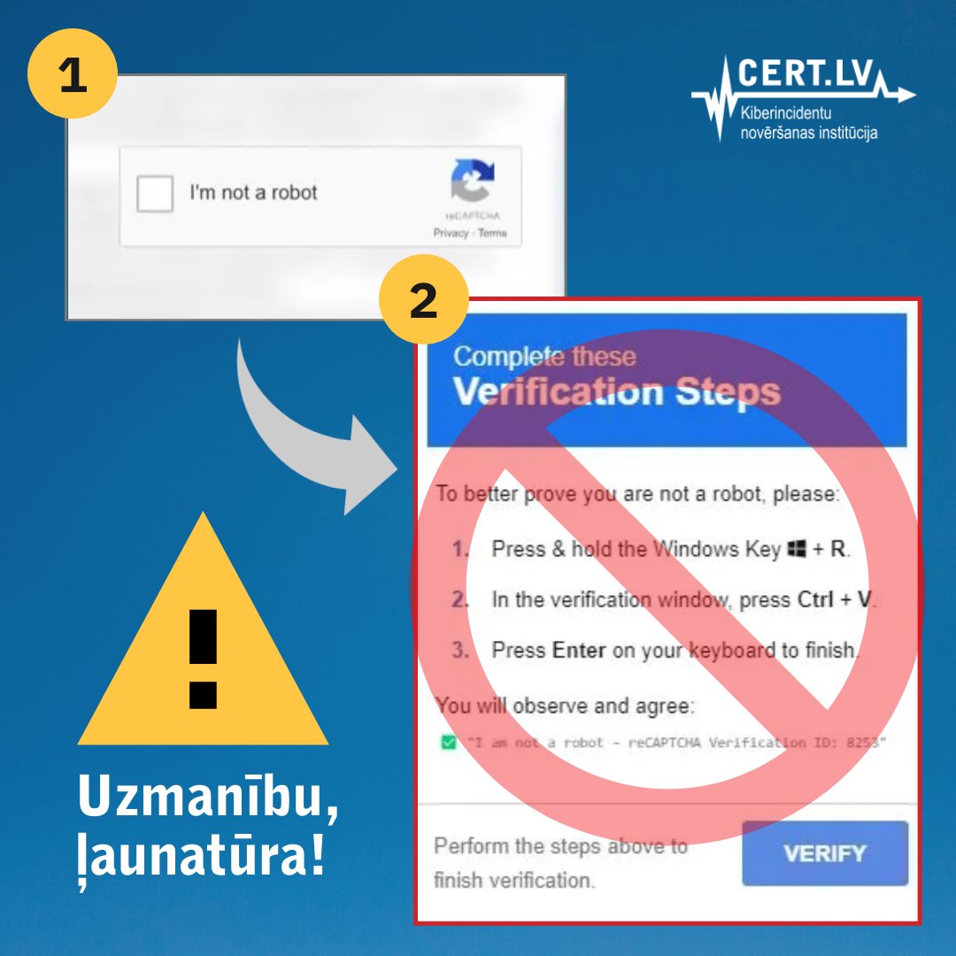 certlv's tweet photo. ‼️Uzmanību! Viltus CAPTCHA var inficēt jūsu datoru: pēdējā mēneša laikā pieaudzis ziņojumu skaits par kompromitētām tīmekļa vietnēm, kurās apmeklētājiem tiek rādīti viltus drošības CAPTCHA logi ar aicinājumu apstiprināt, ka lietotājs nav robots.

ℹ️Vairāk: https://t.co/u0t38V03fC https://t.co/FqBIFfuejw