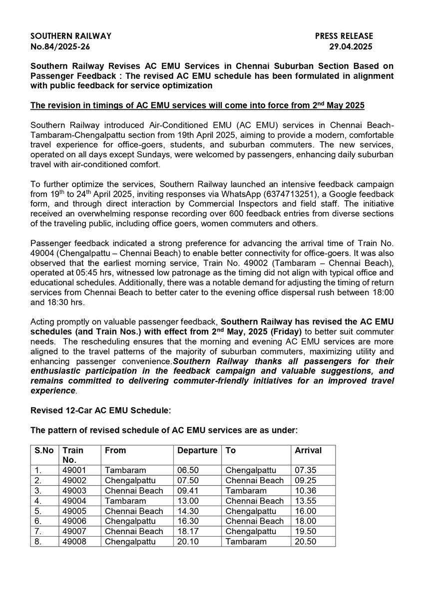 GMSRailway's tweet photo. Revised AC EMU Timings in Chennai Suburban: #SouthernRailway Acts on Passenger Feedback for Better Service! 

The revision in timings of AC EMU services will come into force from 2nd May 2025

Passengers are requested to kindly take note on this and plan your #Travel https://t.co/I7dm7JqJP5