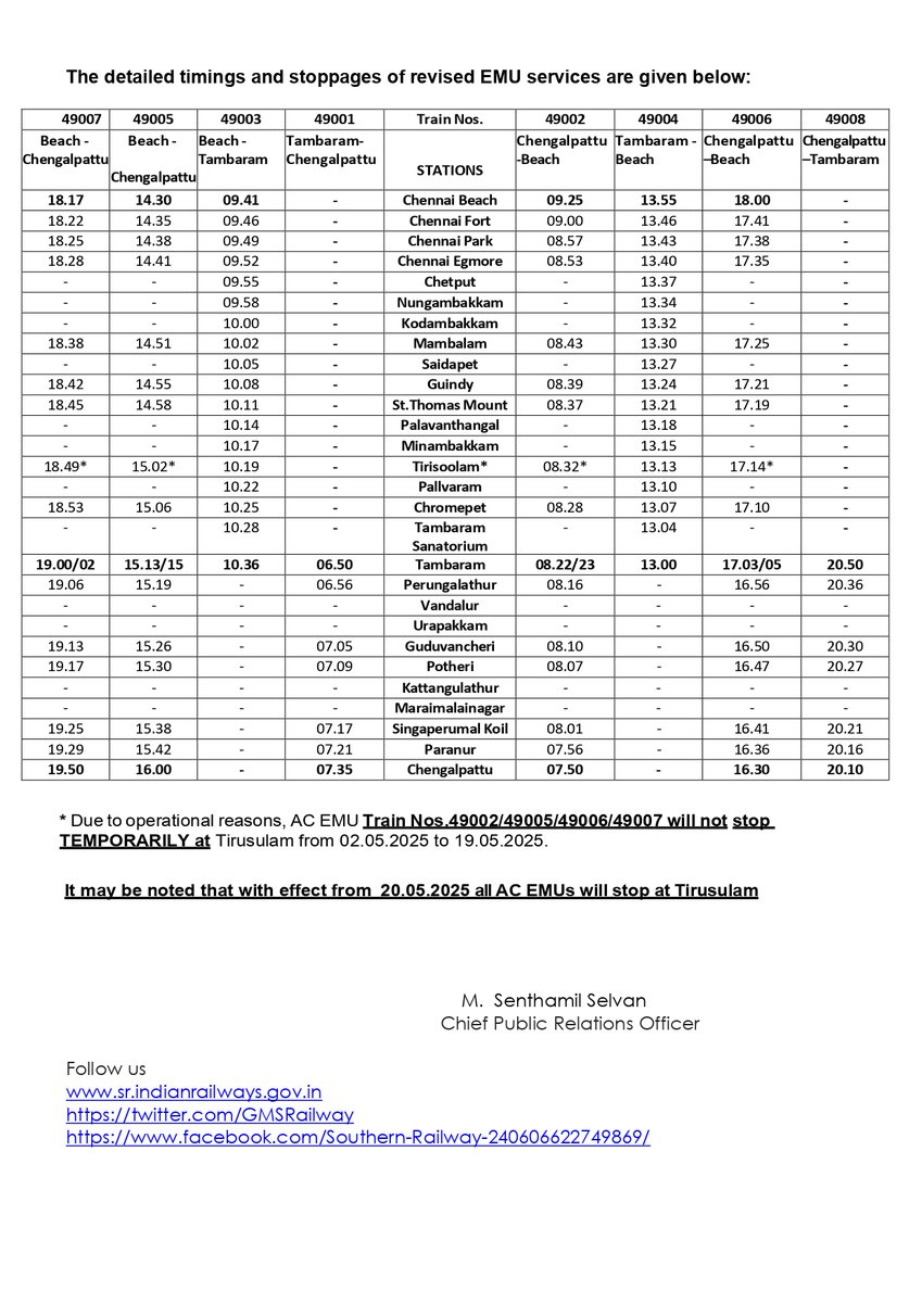 GMSRailway's tweet photo. Revised AC EMU Timings in Chennai Suburban: #SouthernRailway Acts on Passenger Feedback for Better Service! 

The revision in timings of AC EMU services will come into force from 2nd May 2025

Passengers are requested to kindly take note on this and plan your #Travel https://t.co/I7dm7JqJP5