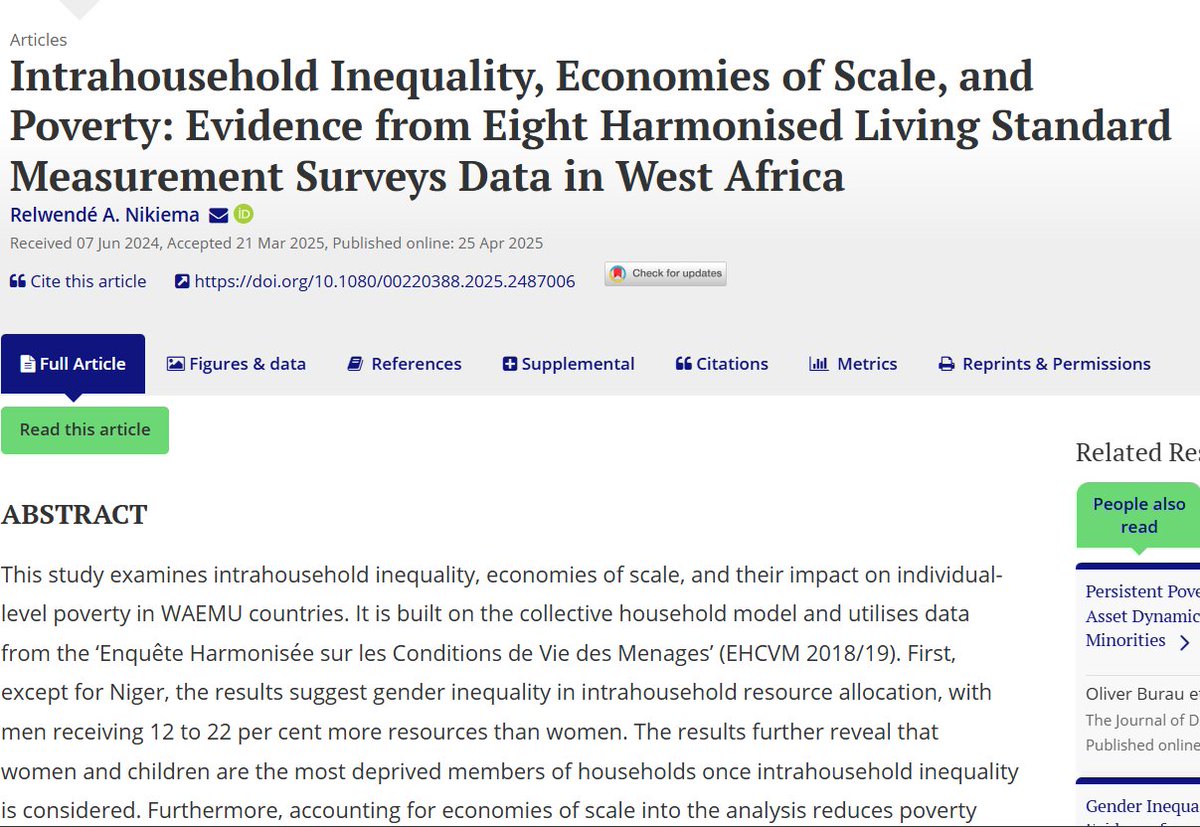 New study in #JDevStudies: In WAEMU countries (except 🇳🇪), men receive 12 to 22% more resources. 

The findings show that 👭&amp;👶are most deprived, exposing flaws in poverty measures that ignore intrahousehold inequality.

Read more 👉: doi.org/10.1080/002203…
<a href="/ide_jetro_eng/">IDE-JETRO</a>