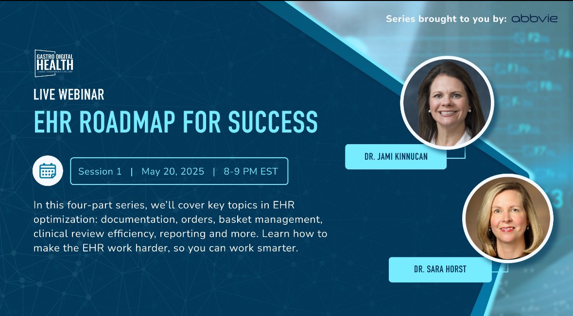 Gastro Digital Health (@gidigitalhealth) on Twitter photo Please join us for our Webinar Series with <a href="/ibdgijami/">Jami Kinnucan, MD, FACG, AGAF, FCCF</a> <a href="/HorstIBDDoc/">Sara Horst MD, MPH, FACG</a>
EHR Roadmap for Success
A webinar series to help #GI clinicians improve EHR efficiency so that they can spend more time taking care of patients
Register here gastrodigitalhealth.org/events Please join us for our Webinar Series with <a href="/ibdgijami/">Jami Kinnucan, MD, FACG, AGAF, FCCF</a> <a href="/HorstIBDDoc/">Sara Horst MD, MPH, FACG</a>
EHR Roadmap for Success
A webinar series to help #GI clinicians improve EHR efficiency so that they can spend more time taking care of patients
Register here gastrodigitalhealth.org/events