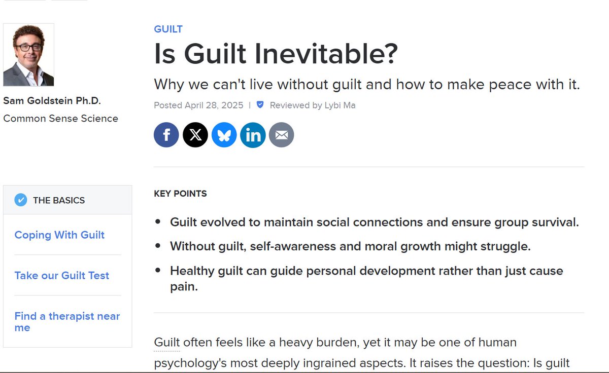 DrSamGoldstein's tweet image. Guilt often feels like a heavy burden, yet it may be one of human psychology's most deeply ingrained aspects. It raises the question: Is guilt inevitable?
.
Read my article at @PsychToday 
#guilt #peace #psychology
psychologytoday.com/us/blog/common…