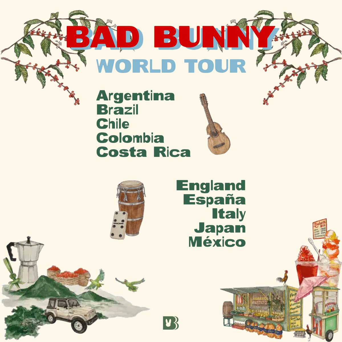 BBPRTV's tweet photo. Estos son los países confirmados (hasta ahora) para el World Tour de Bad Bunny. 🐰🏟️ https://t.co/MGAMNRmN1z