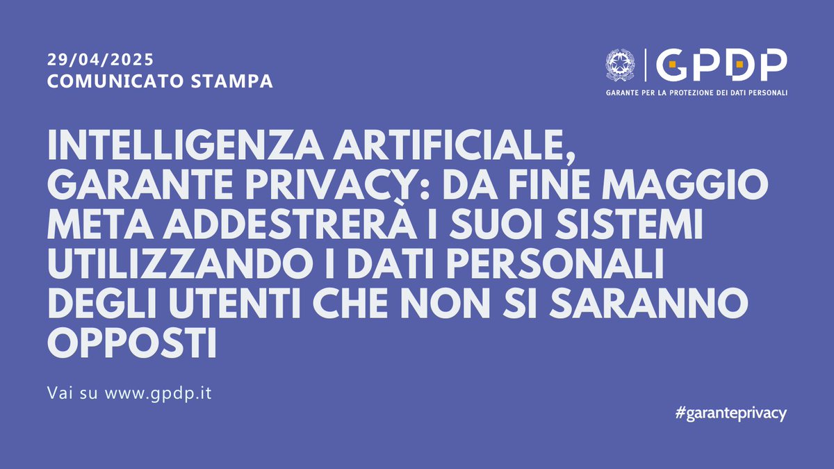 #GarantePrivacy Gli utenti di Facebook e Instagram (e i non utenti i cui dati possono essere presenti sui due social perché pubblicati da altri utenti) hanno diritto di opporsi al trattamento dei propri dati personali per l'addestramento dell'IA di Meta gpdp.it/home/docweb/-/…