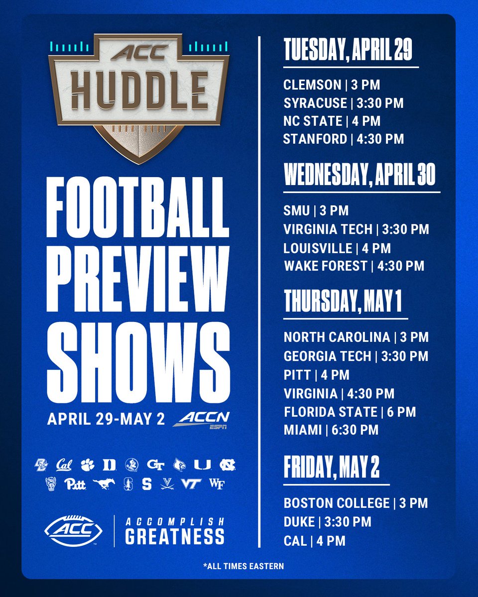 ACC Football (@accfootball) on Twitter photo Counting down the days 'til fall 🏈
Tune in to <a href="/accnetwork/">ACC Network</a> this week as ACC Huddle previews all 17 football programs' upcoming seasons. Counting down the days 'til fall 🏈
Tune in to <a href="/accnetwork/">ACC Network</a> this week as ACC Huddle previews all 17 football programs' upcoming seasons.