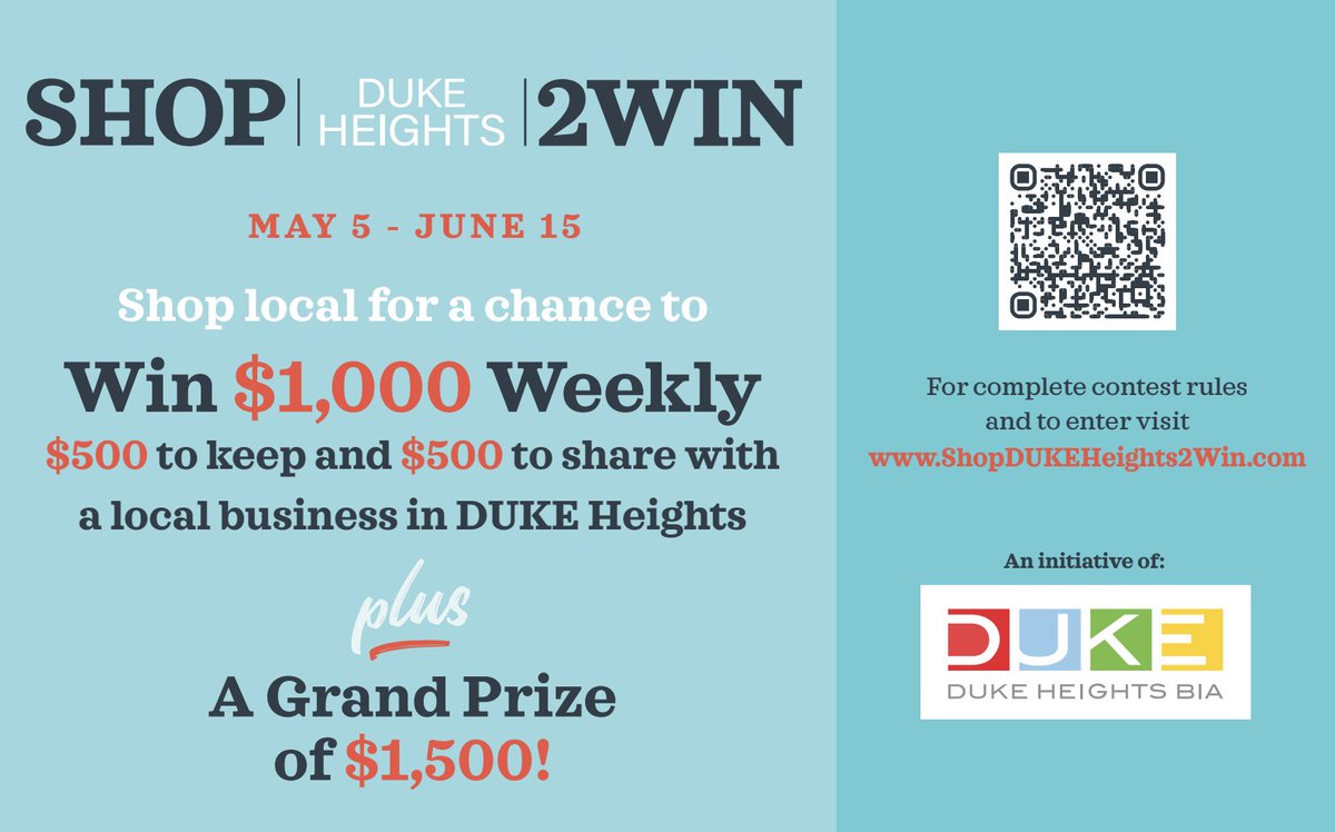 💥May 5 - June 15, Shop Local &amp; Win with #ShopDUKEHeights2Win!💥
🛍️ Upload $15+ receipts from DUKE Heights businesses
🎟️ 1 entry = 1 chance to win $1,000 weekly
💸 $500 for you + $500 for the business! $1500 grand prize!
🔗 shopdukeheights2win.com
Support local. Win big! 🙌