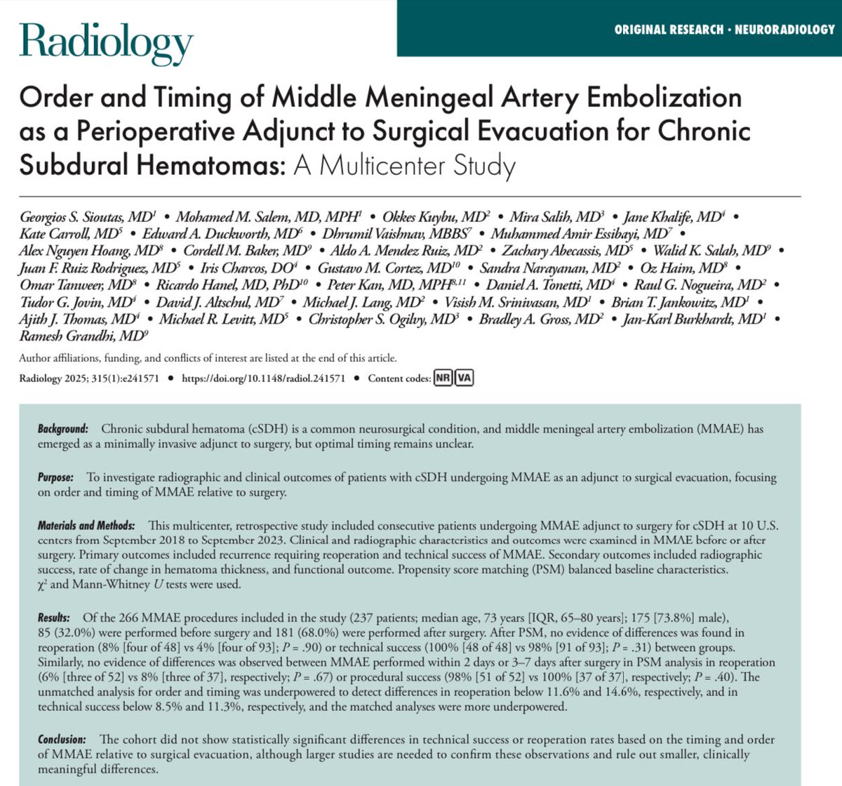 Georgios Sioutas, MD (@gssioutas) on Twitter photo Our recent multicenter study, published in <a href="/radiology_rsna/">Radiology</a>, examines the timing of #MMAE as a perioperative adjunct for #cSDH. Grateful to all collaborators!
doi.org/10.1148/radiolā¦
<a href="/rgrandhi/">Ramesh Grandhi</a> <a href="/JanKarlBurkhar1/">Jan-Karl Burkhardt, MD</a> <a href="/MMSalemMD/">Mohamed M. Salem, MD MPH</a>
@uofuneurosurg <a href="/PennNSG/">Penn Neurosurgery</a> Our recent multicenter study, published in <a href="/radiology_rsna/">Radiology</a>, examines the timing of #MMAE as a perioperative adjunct for #cSDH. Grateful to all collaborators!
doi.org/10.1148/radiolā¦
<a href="/rgrandhi/">Ramesh Grandhi</a> <a href="/JanKarlBurkhar1/">Jan-Karl Burkhardt, MD</a> <a href="/MMSalemMD/">Mohamed M. Salem, MD MPH</a>
@uofuneurosurg <a href="/PennNSG/">Penn Neurosurgery</a>