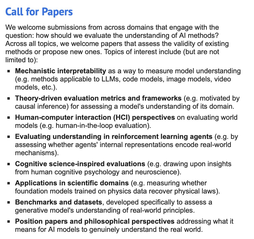 Announcing the ICML 2025 workshop on Assessing World Models: Methods and Metrics for Evaluating Understanding 🌍

Submit your 4-page papers by May 20, 2025!