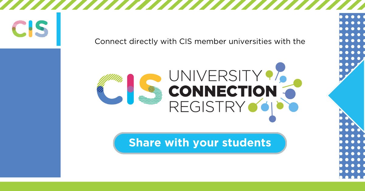 CISEducation's tweet image. Connect your students with 620 CIS member universities through our University Connection Registry. Students provide their contact details to hear from universities in our community who represent top-tier institutions. Log in to the CIS Community portal cois.org/log