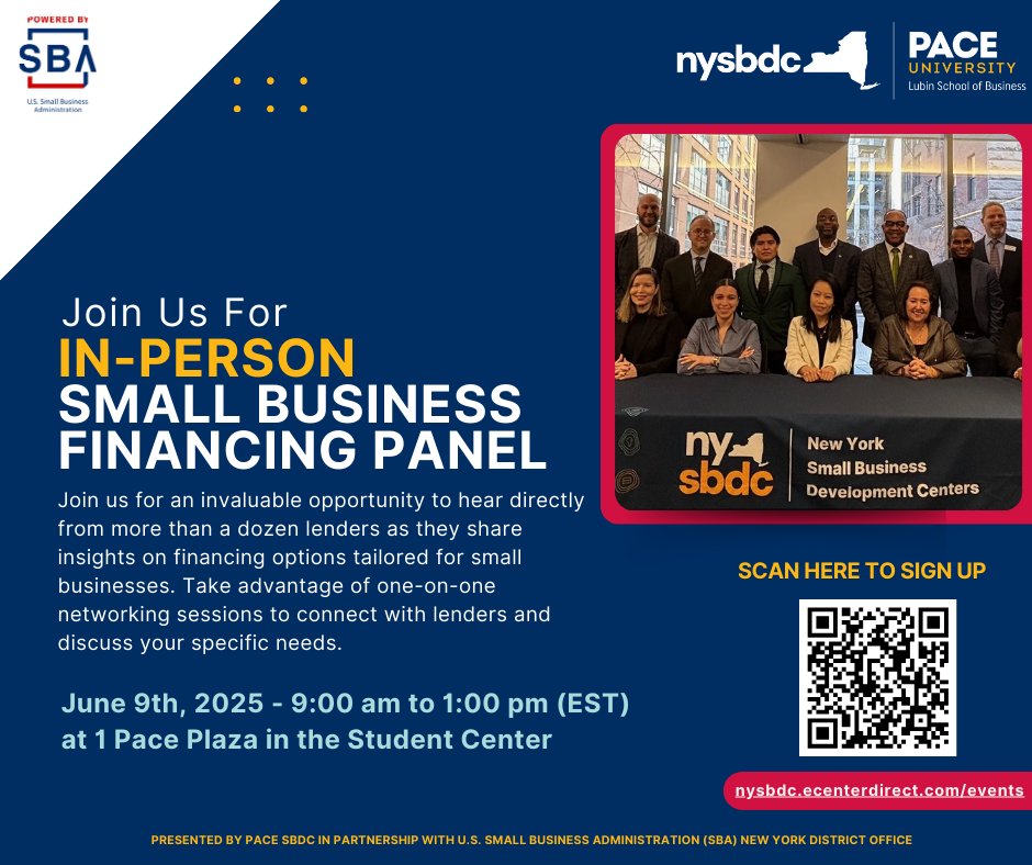 Join us on June 9th, 2025, for an in-person Small Business Financing Panel &amp; Networking Event at Pace University!

Learn more and register now: pacesbdc.org/events

#SmallBusinessGrowth #PaceU #NYSBDC #PaceSBDC #NYCStartup