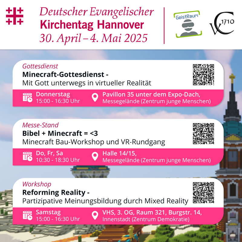 Der **Dt. Ev. Kirchentag 2025** in Hannover steht vor der Tür. Das Bibellabor der von Cansteinschen Bibelanstalt in Berlin e.V. bietet mehrere Angebote rund um Minecraft, VR und Lego an:
canstein-berlin.de/dekt-2025

#kirchentag2025 #DEKT #Minecraft
<a href="/MetaQuestVR/">Meta Quest</a> <a href="/PICOXR/">PICO XR</a>