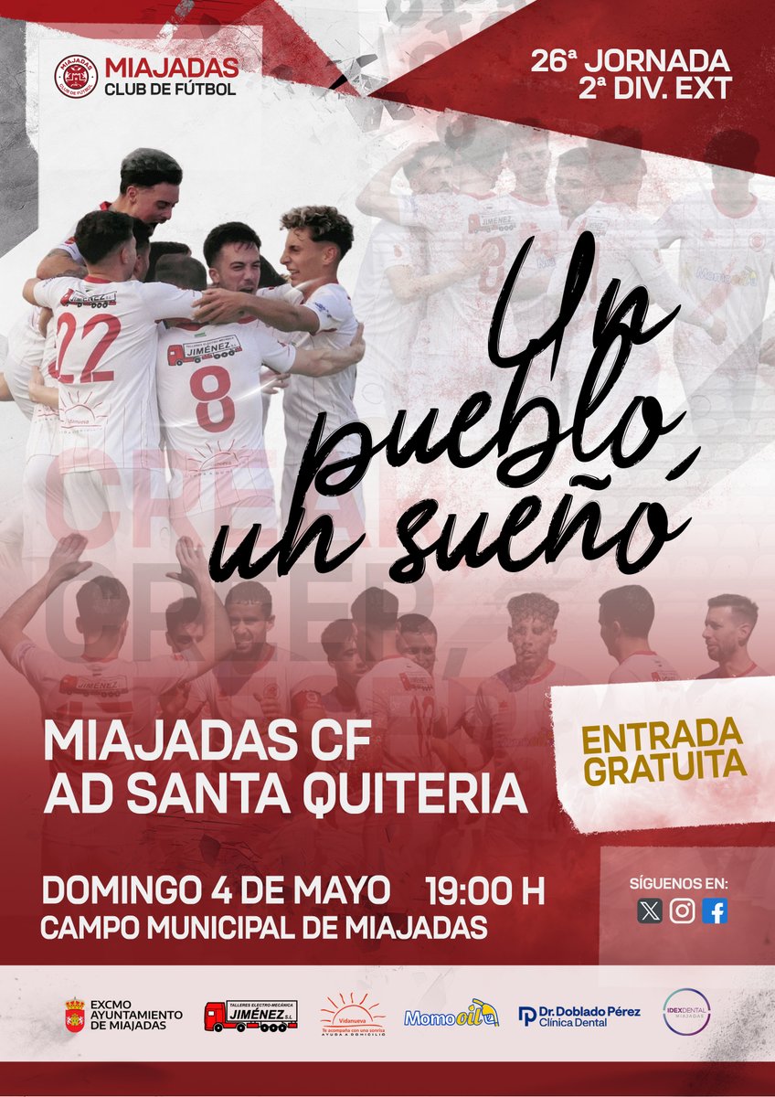 ¡UN PUEBLO, UN SUEÑO! 🤩

Este domingo, en nuestro primer año como club, nos jugamos el ascenso de categoría y el campeonato de liga en casa 🏟⚽️

¡Os necesitamos más que nunca afición!

🆚 <a href="/ADSANTAQUITERIA/">A.D.SANTA QUITERIA</a> 
📅 Domingo 4 Mayo
🕖 19:00h
🏟 Municipal de Miajadas
🎫 Entrada gratuita