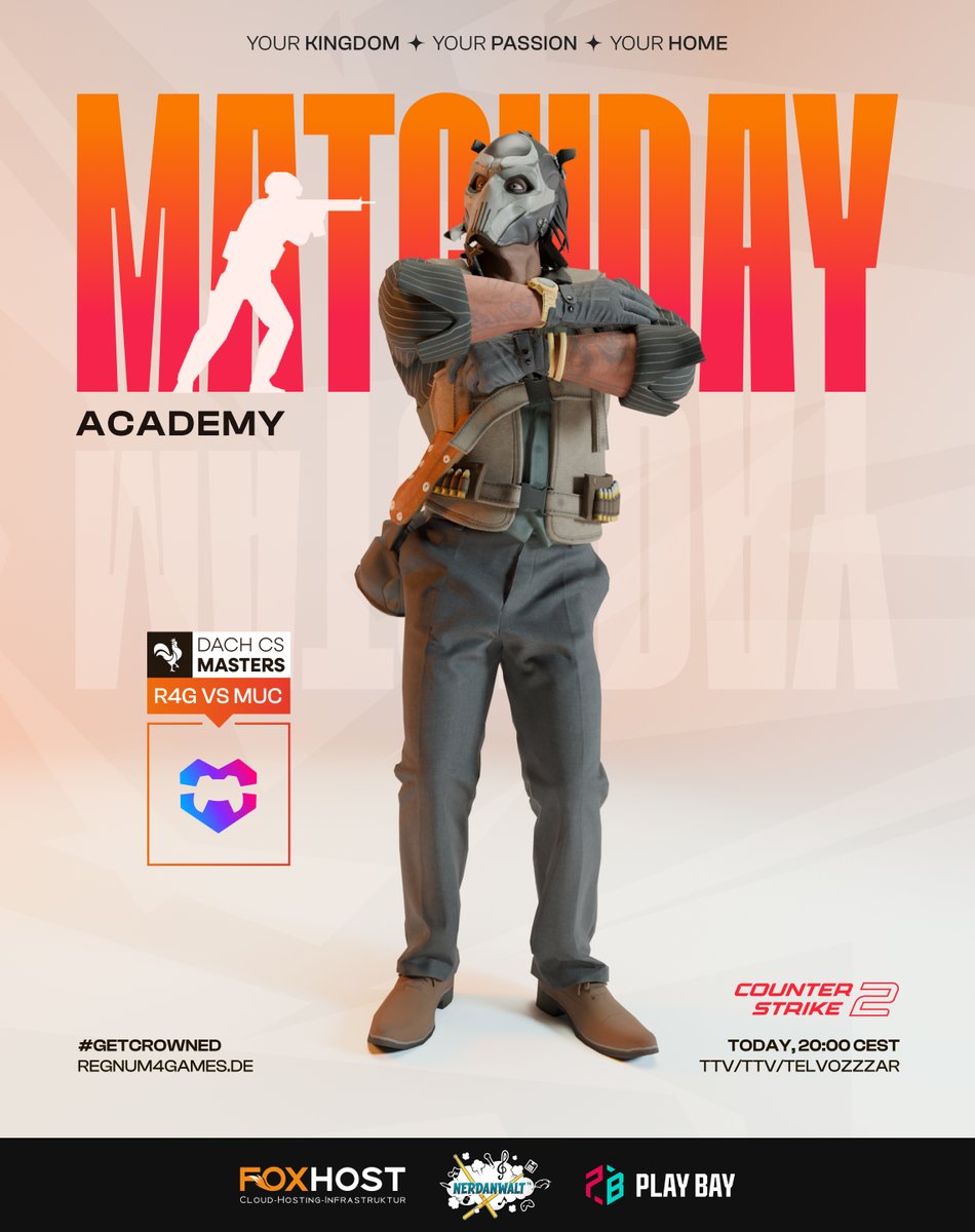 Heute Abend geht es in den vorletzten Spieltag der #DACHCSMasters für unsere Academyjungs! Gegen <a href="/munich_esports/">Munich eSports e.V.</a> muss ein Sieg her! 🫡

📺| twitch.tv/telvozzzar
🎙️| <a href="/Telvozzzar/">telvozzzar 🏙️</a>
 
Schaltet ein und feuert das Team an! 🔥

#getcrowned 👑| #R4GWIN