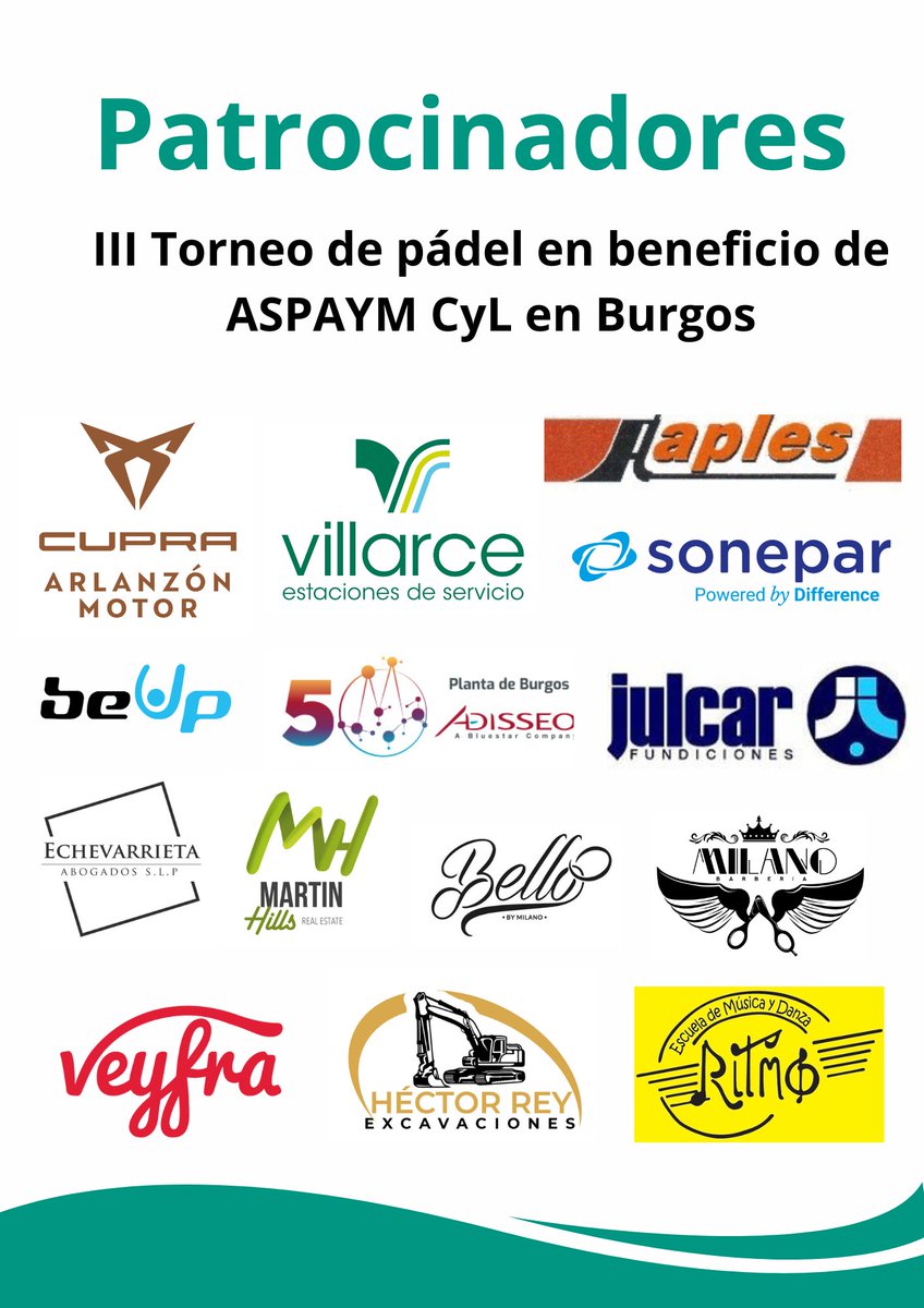 Aspaym_CyL's tweet photo. ¡Del 9 al 11 de mayo III Torneo de Pádel!
Nos vemos en @beUPburgos
Gracias a quienes lo hacéis posible: #Aples @arlanzonmotor #Villarce @sonepar @Adisseo #Julcar @echev_abogados #MartinhillsBurgos #milano_barberiaburgos @VeyfraBurgos #HectorReyExcavaciones @EscuelaRitmo https://t.co/m1QFfsnPFN