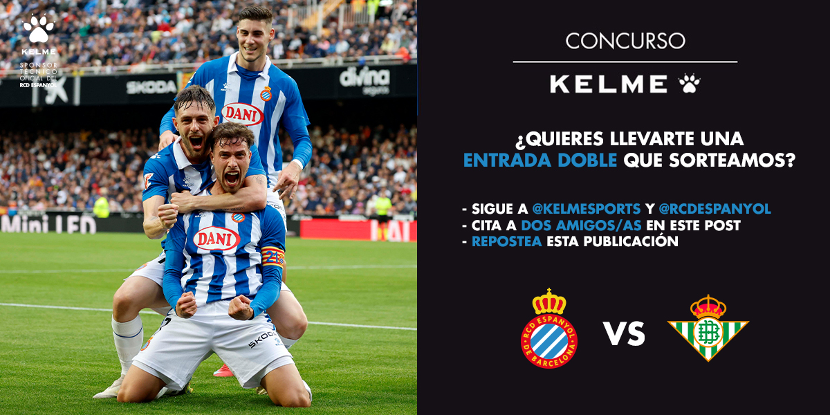 🚨 ¿Quieres ganar una entrada doble para el RCD Espanyol 𝒗𝒔 Real Betis? ⚔️

👥 Sigue a <a href="/Kelmesports/">KELME España</a> y a <a href="/RCDEspanyol/">RCD Espanyol de Barcelona</a>
💬 Menciona a dos amigos/as
🔄 Repostea

🗓️ Puedes participar hasta este viernes 02 a las 11:00h

✍️ Cada comentario es una participación adicional

¡Suerte! 🍀
