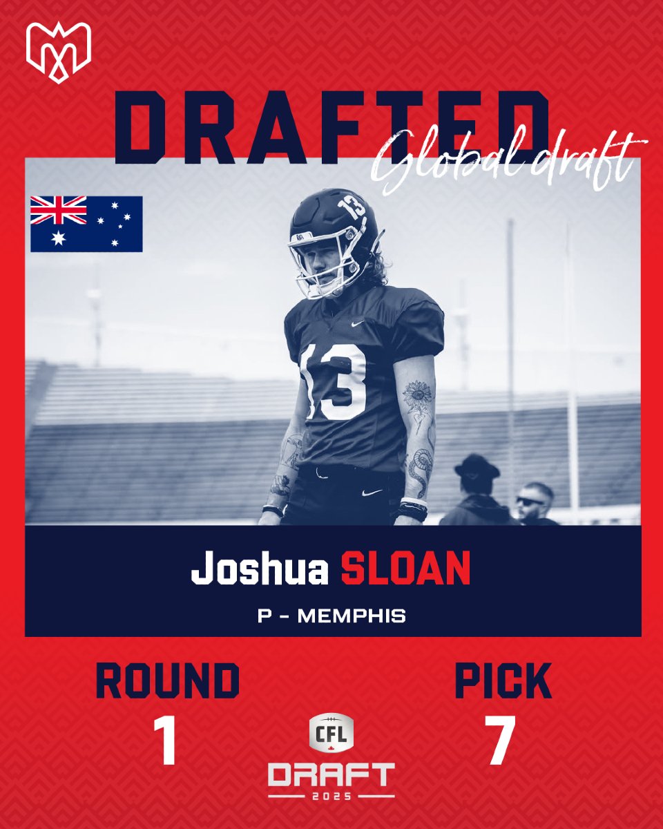 Alouettes de Montréal (@mtlalouettes) on Twitter photo Nous avons sélectionné le botteur australien Joshua Sloan de Memphis avec le 7ème choix du repêchage global 2025 ! Bienvenue dans la famille! 💙
--
We have selected Australian punter <a href="/joshtsloan/">Joshua Sloan</a> from <a href="/MemphisFB/">Memphis Football</a> with the 7th overall pick in the 2025 Global Draft! Welcome to the Nous avons sélectionné le botteur australien Joshua Sloan de Memphis avec le 7ème choix du repêchage global 2025 ! Bienvenue dans la famille! 💙
--
We have selected Australian punter <a href="/joshtsloan/">Joshua Sloan</a> from <a href="/MemphisFB/">Memphis Football</a> with the 7th overall pick in the 2025 Global Draft! Welcome to the