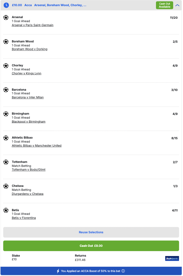 FootyAccums's tweet photo. 🙌 We've picked out this EARLY PAY-OUT acca on BoyleSports for the next few days! 

❤️ IF this wins, we will give away £50 to someone who LIKES THIS & £50 to someone who REPOSTS it!

👇 BEST PRICED at BoyleSports: https://t.co/SPTnamKoK6

🤝 Bet £10 & get £30 in FREE BETS, PLUS a £10 CASINO bonus when you join!

✅ 7 selections with 1 UP early pay-out & 2 selections with 2 UP early pay-out! 
🚀 50% boost on the total returns!

Ad | GambleAware | 18+ | New Customer Offer | Always Gamble Responsibly
