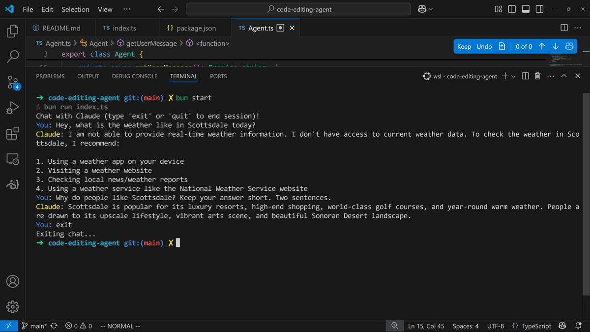my first AI chat app, thanks to <a href="/thorstenball/">Thorsten Ball</a>'s blog post

pretty incredible how simple it is:
1. get user input
2. send to <a href="/AnthropicAI/">Anthropic</a>'s API
3. display response to user

repeat, adding each new message to the conversation