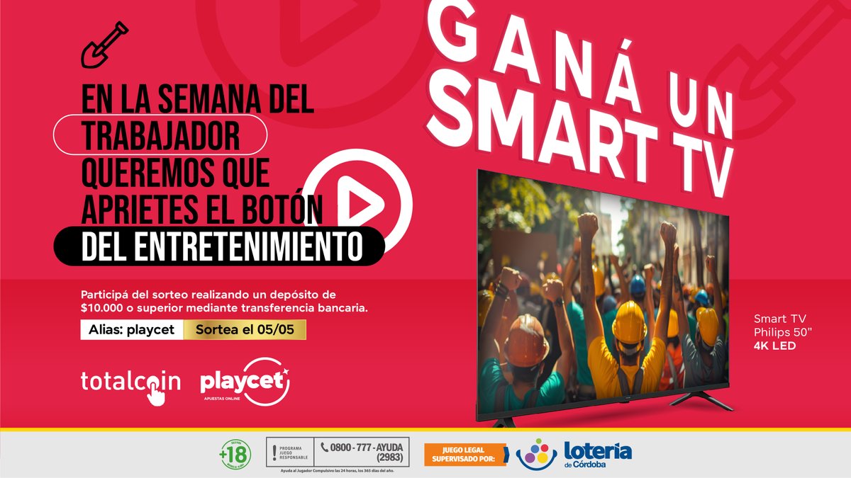 📺 En la semana del trabajador… ¡te premiamos como te merecés!

Apretá el botón del entretenimiento y participá por un Smart TV 4K de 50” 🎁

Solo tenés que hacer un depósito de $10.000 o más vía transferencia y listo.
Alias: playcet

🛠 💼Porque el esfuerzo también se disfruta.