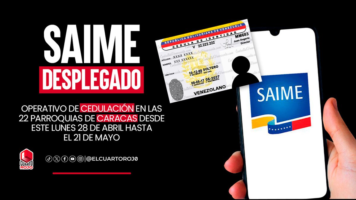 ElCuartoRoj0's tweet photo. SAIME en la Calle

El derecho a la identidad es soberanía. ¡Vamos a renovar y estar al día! Desde el #28Abr hasta el #21May, en 22 parroquias de Caracas. ¡No te quedes sin tu cédula!

#VictoriaComunal 
#29Abr https://t.co/cjX4vrNE5R