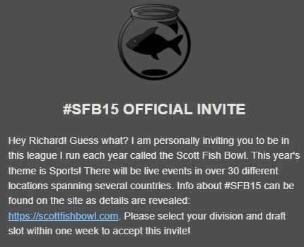 engineerchange's tweet photo. Honored to be in my second live Scott Fish Bowl draft this year. Thank you @ScottFish24 for the invite and all the work you do for @FantasyCaresOrg.

Drafting between two legends this year! @jbchoknows and @SpectacularLes, see you on the board in DC! #SFB15 https://t.co/nTP2t3LMeH