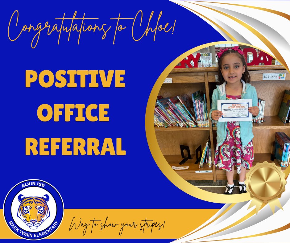 BIG TIGER Shout out to Hilario in 5th and Chloe in 1st for earning Positive Office Referrals! These Tigers are committed to showing Trustworthiness, Integrity, Grit, Empathy, and Respect every day. Way to show your stripes, Hilario and Chloe! #MTE #MTETigers #AllinAlvinISD