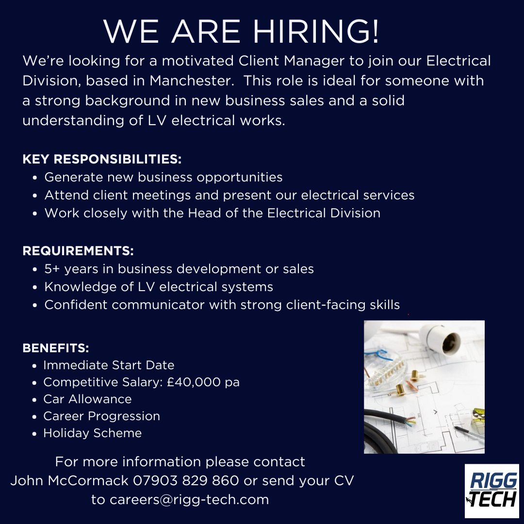 WE ARE HIRING! APPLY TODAY
Join our team as a Client Manager and be a key part of our growing Electrical Division.
#ClientManager#ElectricalJobs#BusinessDevelopment#SalesJobs#ElectricalIndustry#LVSystems#NewBusiness#ManchesterJobs#ConstructionCareers