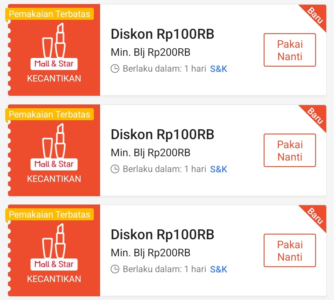 Shopee Super Beauty Day 
🗓️ 1 Mei 2025
⏰ Jam 00:00, 12:00 &amp; 18:00
📌 Kategori kecantikan 

Diskon Rp100.000 minimal pembelian Rp200.000

Klaim semua vouchernya disini:
s.shopee.co.id/LaHtVJ4Lc