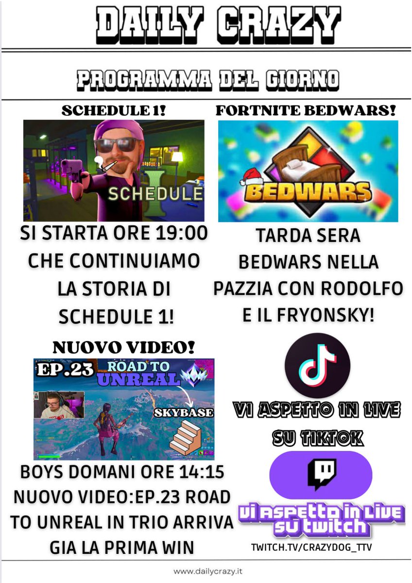CrazydogT's tweet photo. BOYS ECCO IL DAILY CRAZY DI OGGI
Vi ricordo che domani ore 14:15 uscirà un nuovo video su YouTube: EP.23 ROAD TO UNREAL IN TRIO ARRIVA GIA LA PRIMA WIN
LINK IN BIO!❤️‍🔥
#dailycrazy #twitch #tiktok #schedule1 #schedule #fortnite #bedwars #youtube #newvideo #programma https://t.co/R0awFmM4ne