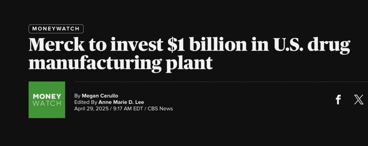 ⚠️ #BREAKING: Merch to invest $1 billion in US drug manufacturing plant in Delaware.

Another day, another investment in American jobs and manufacturing.