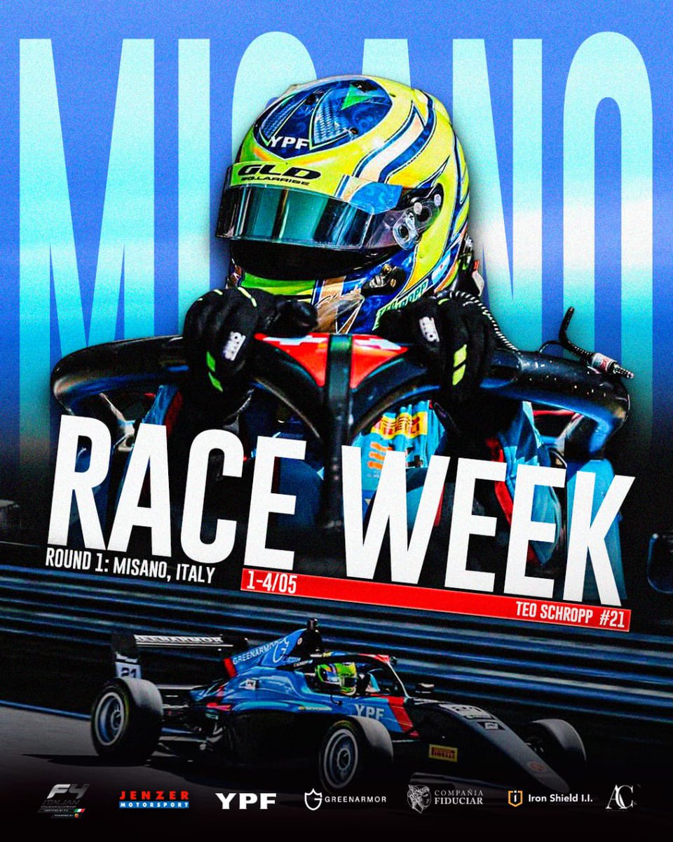 Teo_Schropp's tweet photo. Ahora si, semana de carrera en la F4 Italian Championship en Misano🤩🇮🇹
El Jueves arrancan los tests colectivos, viernes qualy y sabado y domingo las 4 carreras💙
@YPFoficial #greenarmor #ironshield
@JenzerF3_F4 https://t.co/Zs8QURXdaa