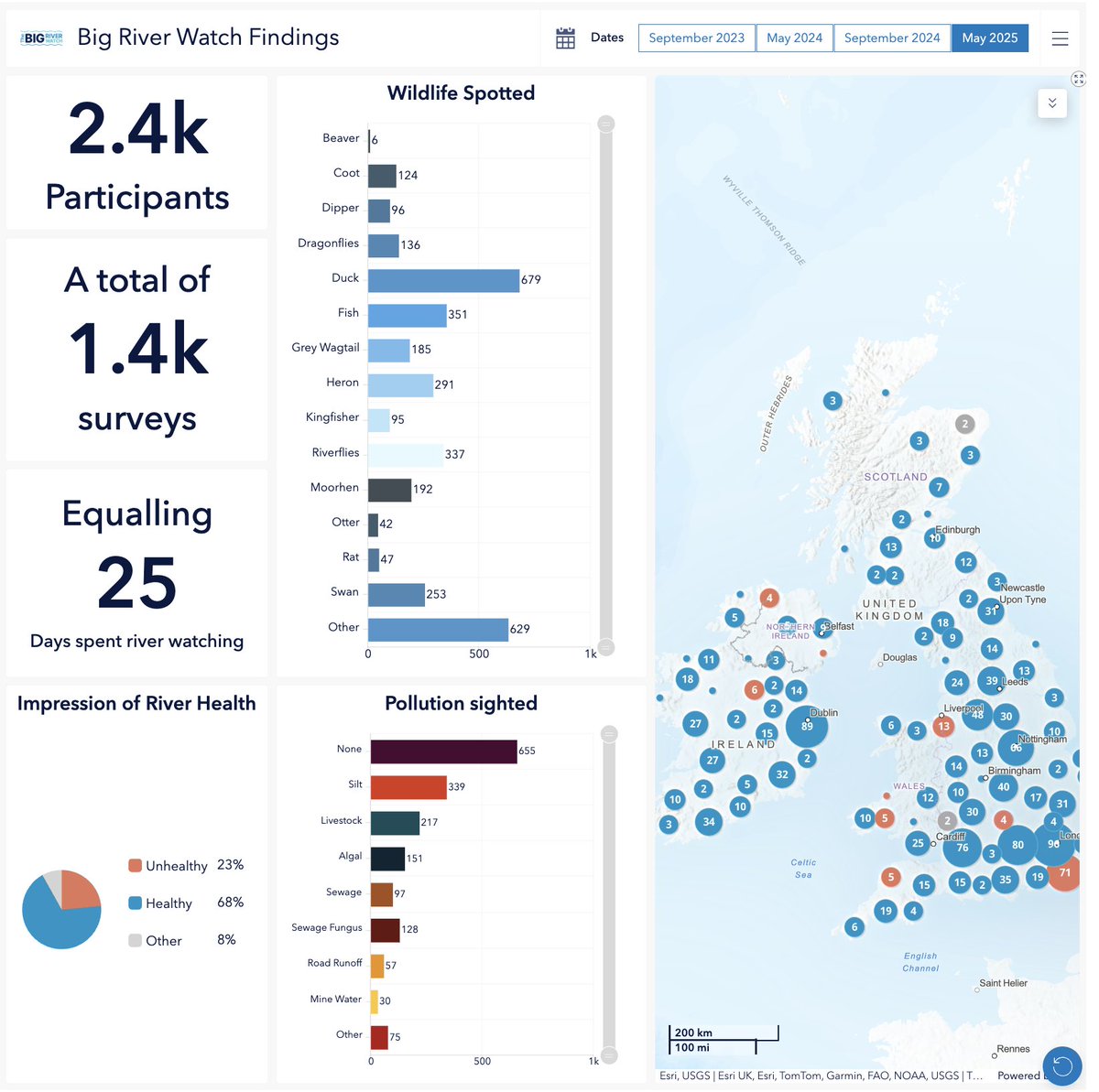 👀Want to see what our Big River Watchers have reported so far since the survey began last week? 
Go to theriverstrust.org/big-river-watc… By taking part in our simple 15-minute survey on the free app, you can add your dot to our map. No expert knowledge needed - just say what you see.