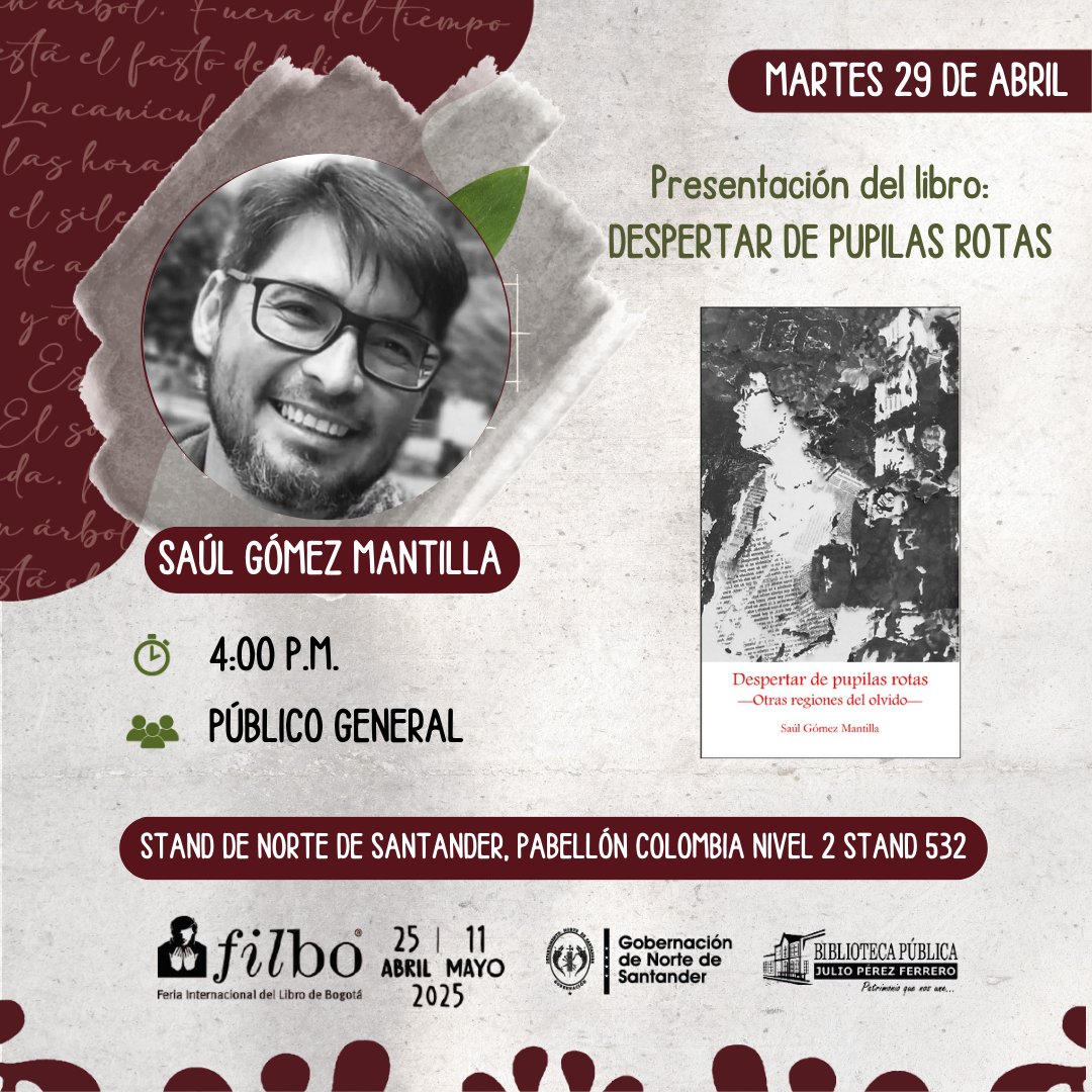 ¡Prográmate y disfruta!

Hoy, martes 29 de abril, te esperamos en nuestro stand de Norte de Santander en la Feria del Libro de Bogotá. 

Ven y descubre las increíbles presentaciones de libros que tenemos preparadas para ti.

#FILBo2025 #NorteDeSantander  #BiblioCúcuta #SaúlGómez.