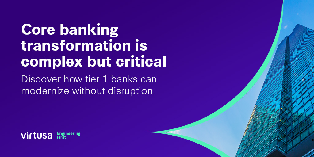 VirtusaCorp's tweet image. Legacy core systems hinder agility, inflate costs, and stall innovation for Tier 1 banks. Read how banks can accelerate #CoreModernization without disrupting business: splr.io/6017SBivS
#EngineeringFirst #VirtusaBanking #Tier1Banks #CoreBanking