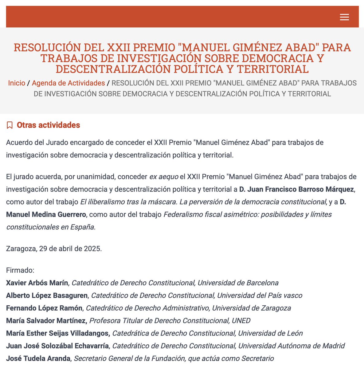 He ganado el XXII Premio Manuel Giménez Abad (ex aequo), no puedo estar más feliz de compartir esta noticia.
Muchas gracias a la <a href="/Fundacion_MGA/">FMGA</a> y a los miembros del jurado por considerar mi trabajo: “El iliberalismo tras la máscara. La perversión de la democracia constitucional”