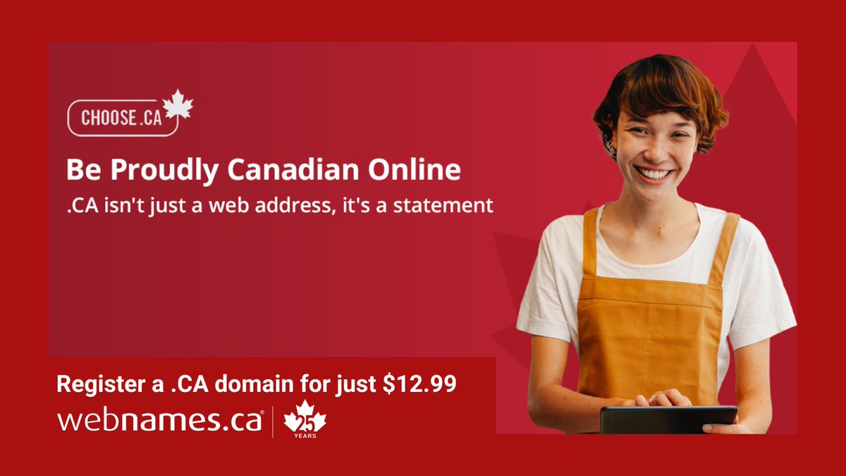 Register a new .CA domain name for only $12.99 - and be proudly Canadian online.
Visit Webnames.ca/domainsearch to find your perfect Canadian web address. 
Sale ends tomorrow midnight.